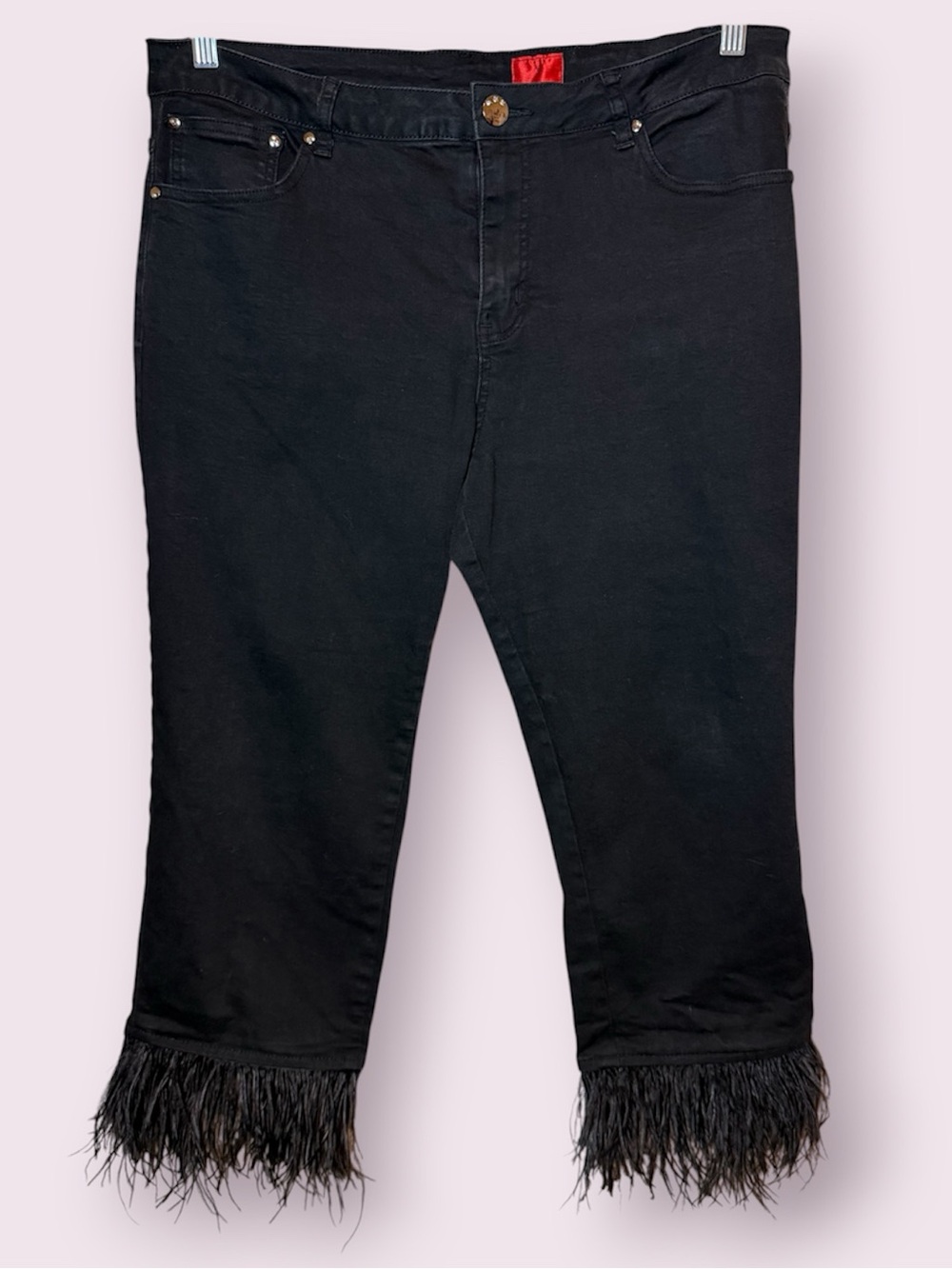 V Cristina Feather Hem Black Capri Stretch Jeans Size 16